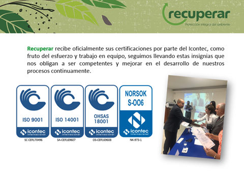 Recuperar se certifica nuevamente con ICONTEC